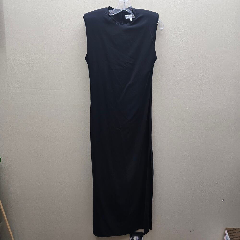 Zara Maxi Sleeveless Dress High Neck Minimalist Black Shoulder Pads Size Large